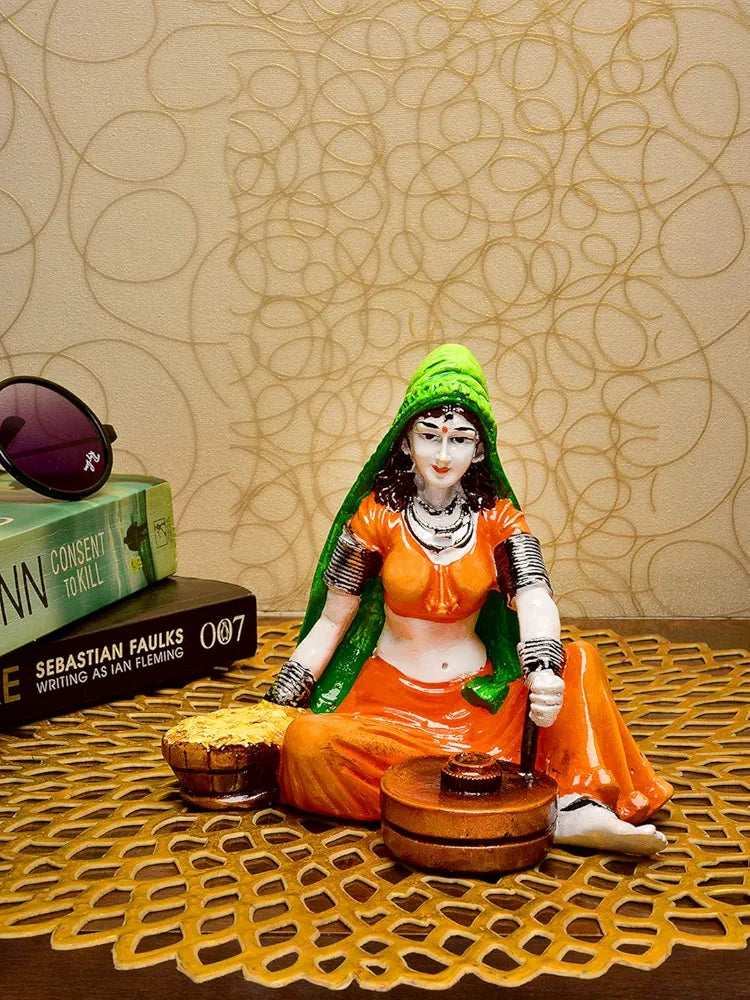 Karigaari India Hnadcrafted Polyresine Lady with Chakki Sculpture | Showpiece for Home Décor and Office