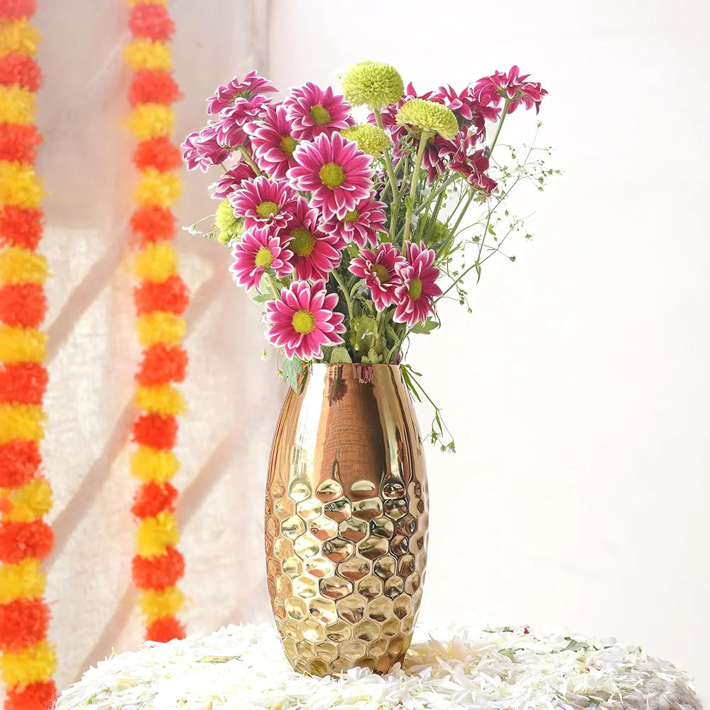 Behoma Metal Hammered Vase for Home Decor Decoratives for Indoor Living Room | Best Gift for Birthday Anniversary Valentine's Day |Golden Half Hammered Oblong Shape 1 Large Pcs 