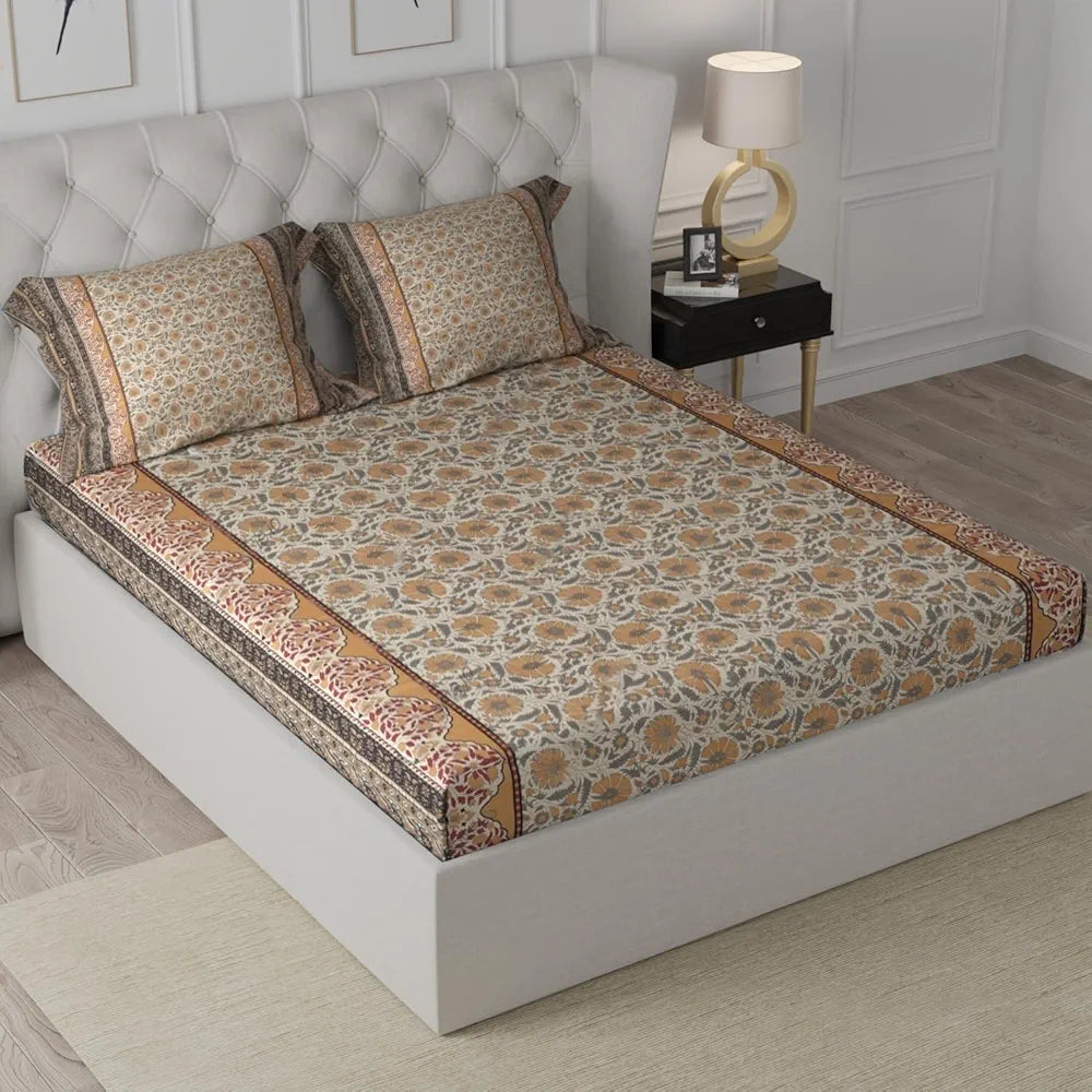 Cloth Fusion 186tc Glace Cotton Elastic Fitted Bedsheet for Double Bed King Size with 2 Pillow Covers, Soft Wrinkle Free Elastic Bedsheets for King Size Bed 