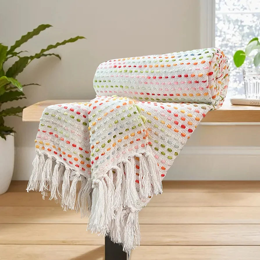 SAJAVAT HOME Hand-Knitted Pure Cotton 3 Seater Sofa Throw | 80x52 Inches/204x132 Cm | Parchment Multi Throw for Sofa, Bed, Chair & Travel - Ideal for All Season | Pack of 1