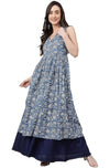 Janasya Women's Blue Cotton Floral Print Flared Kurta