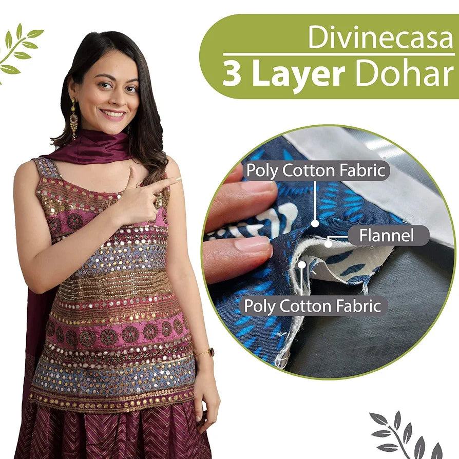 Divine Casa 120 GSM Super Soft Microfiber Cotton 3 Layer Breathable Double Bed Throw Blanket | Lightweight, Winter, Flannel Filling | Green and Grey, 210 x 205 CM