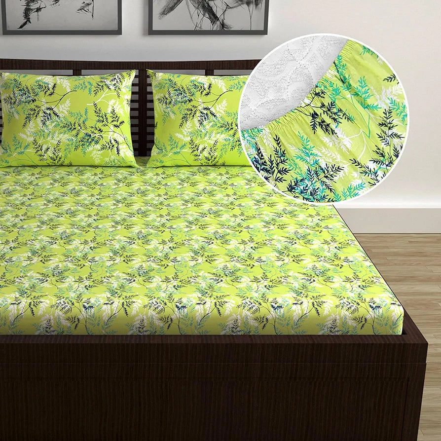 Divine Casa 144 TC 100% Cotton Floral Green Cotton Lightweight Elastic Fitted Double Bedsheets - 200 x 150 CM