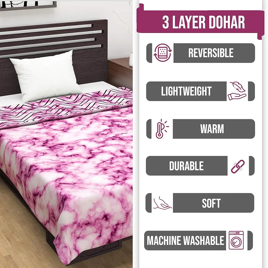 Divine Casa 120 GSM Microfiber Single Dohar | Soft & Lightweight Throw Blanket | Cozy & Breathable | All-Season Comfort | 210 x 140 CM | Marble Pattern | Pink Marble