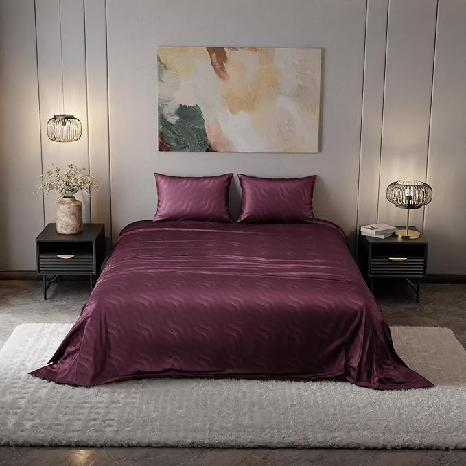 Stoa Paris Burgundy Bliss Satin Bedsheet for King Size Bed with 2 Pill - Default Title - Swadesii