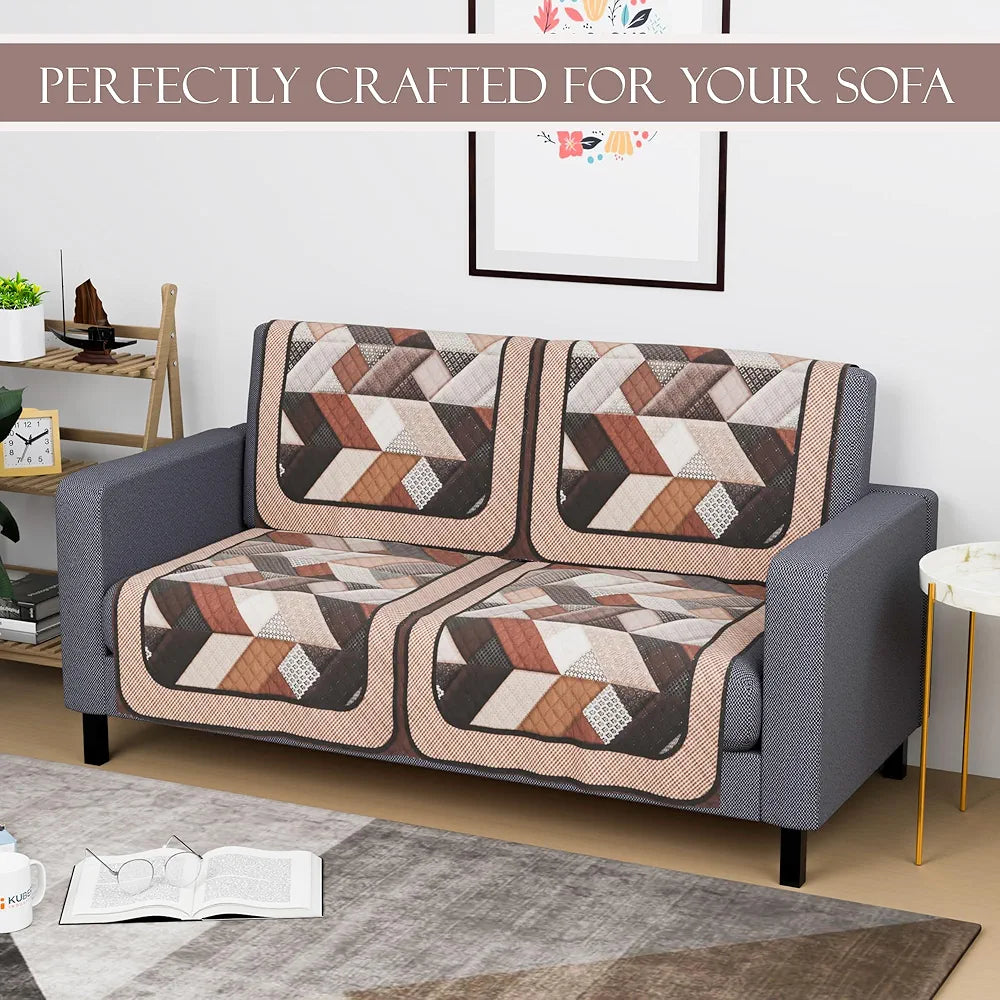 Kuber Industries Set of 4 Velvet 2 Seater Sofa Covers for Living Room | Easy Machine Washable Sofe ke cover for Home Comfort | Triangular-Cream & Brown