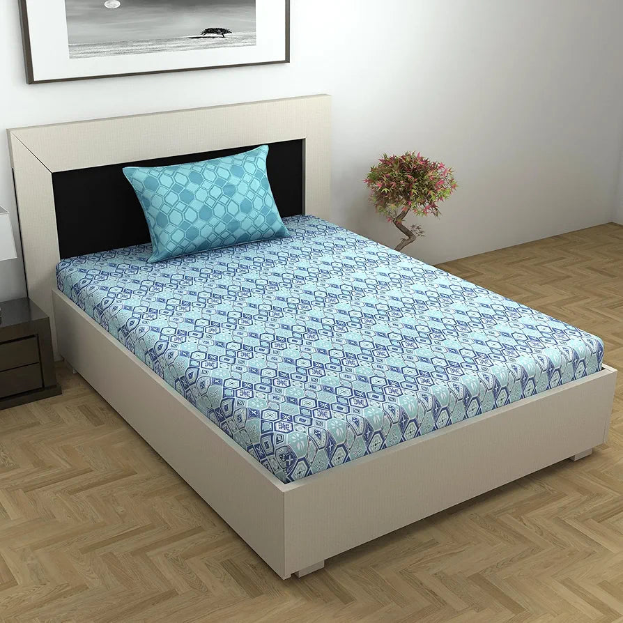 Divine Casa 144 TC 100% Pure Cotton Single Size Bedsheet with 1 Pillow Cover | Soft, Durable & Skin-Friendly Fabric for All-Season Comfort & Use | Size 223 x 145 CM | Geo Nordic Hexa | Ice Aqua Blue