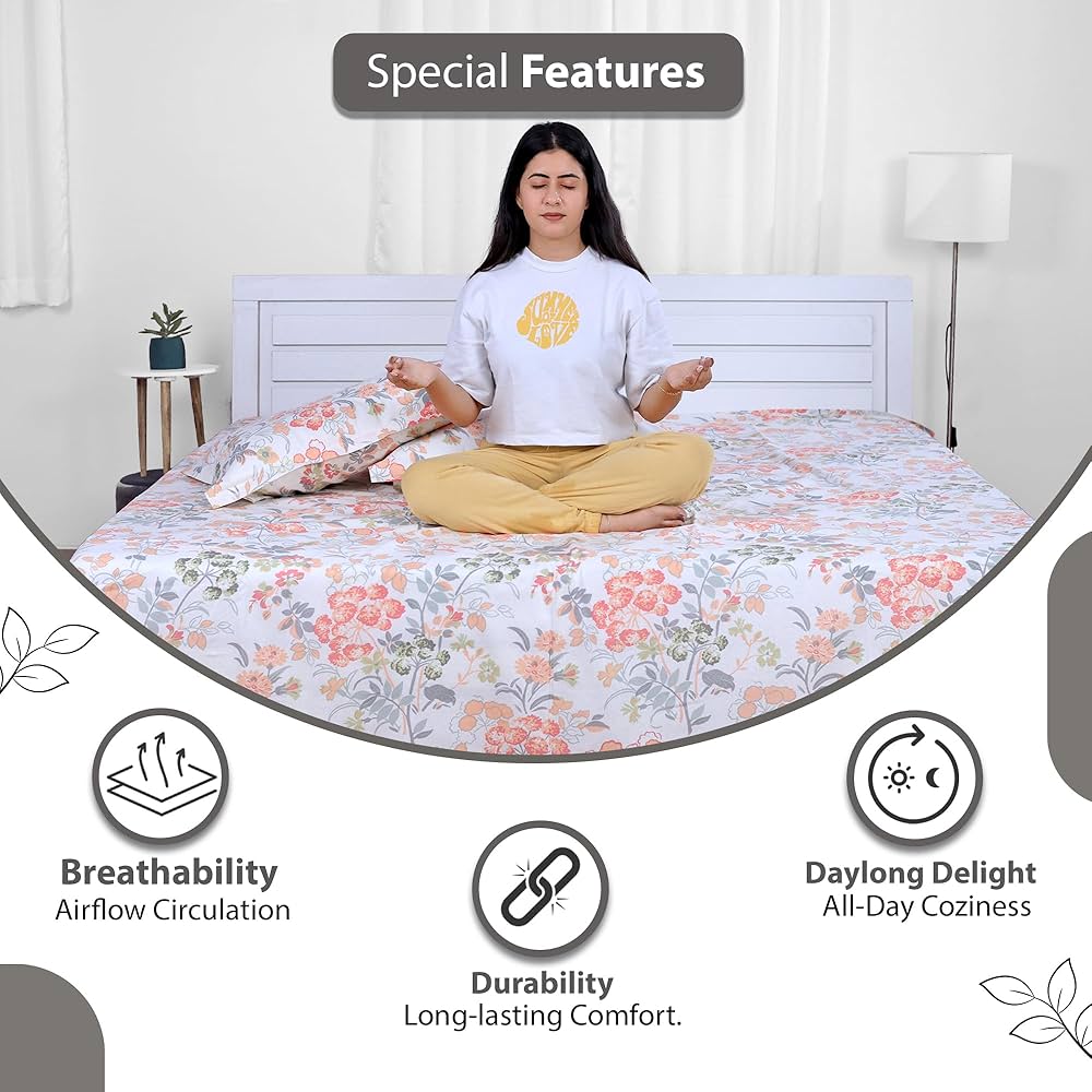 Divine Casa 144 TC 100% Cotton Bedsheet for Single Bed with 1 Pillow Cover 