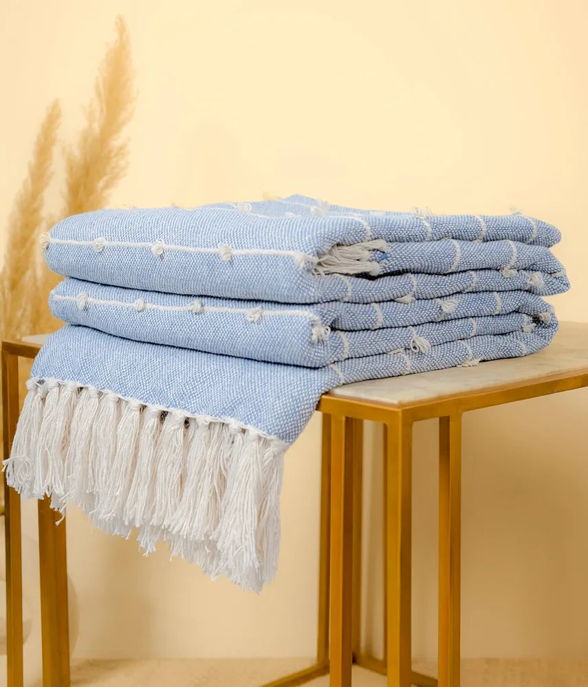 SAJAVAT HOME Hand-Knitted Pure Cotton 3 Seater Sofa Throw | 80x52 Inches/204x132 Cm | Blue Throw for Sofa, Bed, Chair & Travel - Ideal for All Season | Pack of 1