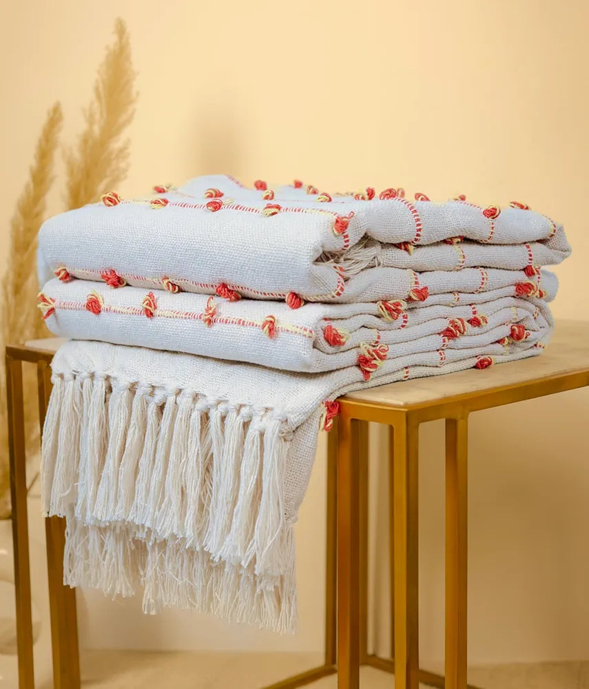 SAJAVAT HOME Hand-Knitted Pure Cotton 3 Seater Sofa Throw | 80x52 Inches/204x132 Cm | Beige & Royal Orange Throw for Sofa, Bed, Chair & Travel - Ideal for All Season | Pack of 1