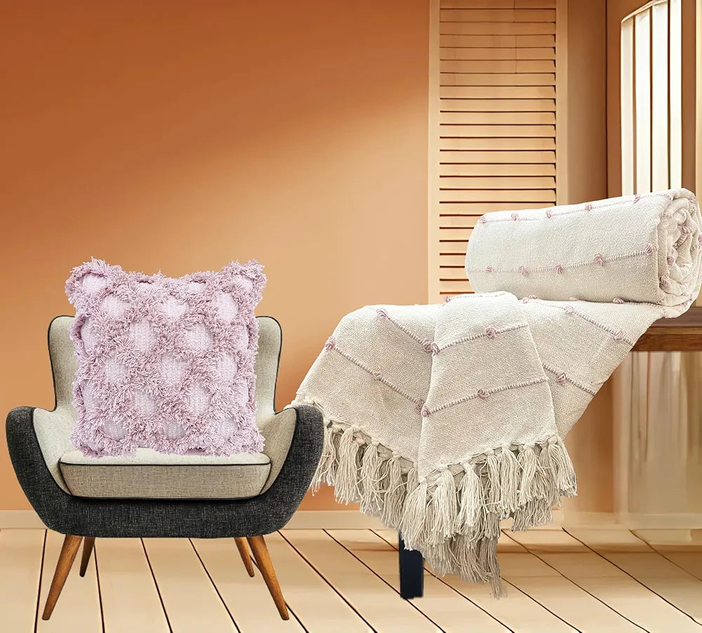 SAJAVAT HOME Hand-Knitted Pure Cotton 3 Seater Sofa Throw & Cushion Cover | 82x52 Inches / 208x132 Cm | Beige Pastel Throw & Pink Cushion for Living Room, Bedroom, Sofa & Chair | Pack of 1