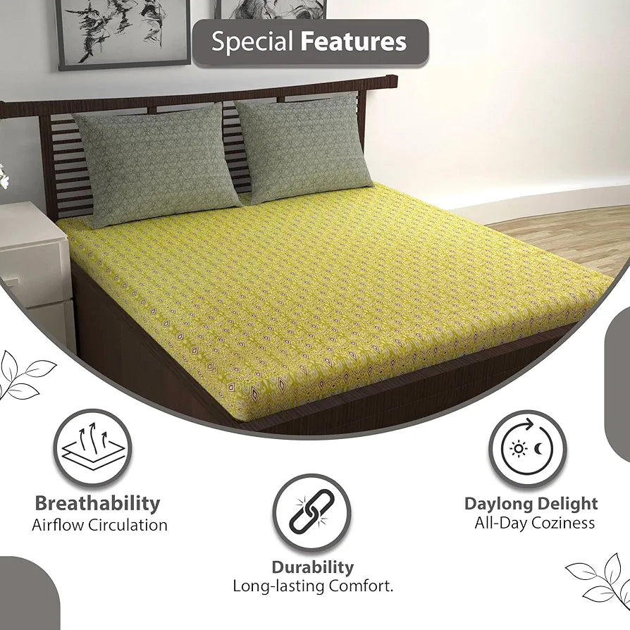 Divine Casa 144 TC 100% Pure Cotton Double Bedsheet with 2 Pillow Covers | Soft & Skin-Friendly Fabric for Everyday Comfort | All-Season Use | Size 222 x 254 CM | Ikat Diamond Print | Mustard Yellow