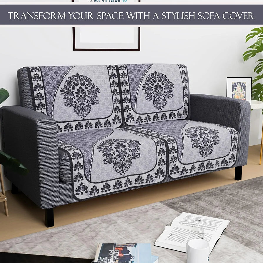 Kuber Industries Set of 4 Net Durable 2 Seater Sofa Covers for Living Room | Easy Machine Washable SOFE ke Cover for Protection & Comfort for Home | Floral Print - Black & Grey