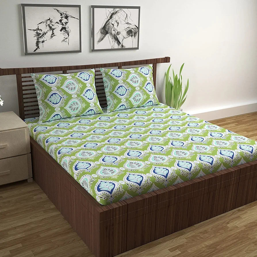 Divine Casa Double Size Bedsheet for Double Bed, 144 TC Pure Cotton Queen Size with 2 Pillow Covers | 222 by 254 cm | Floral | Palm Green