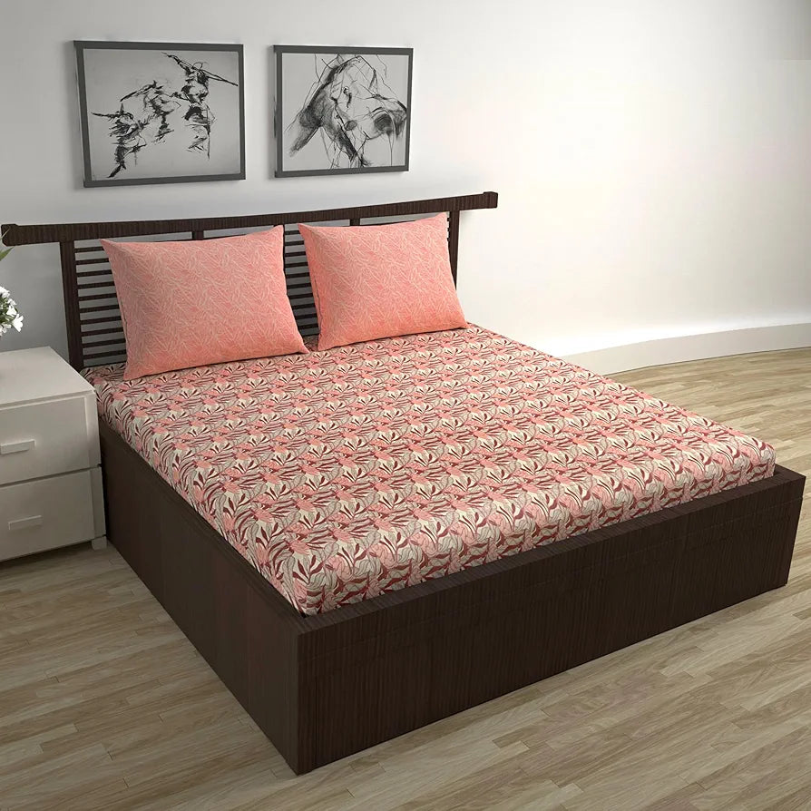 Divine Casa 144 TC 100% Pure Cotton Double Bed Bedsheet with 2 Pillow Covers | Soft & Durable for Everyday Use & Bedroom Decor | All-Season Comfort | Size 222 x 254 CM | Tropical Floral | Coral Peach