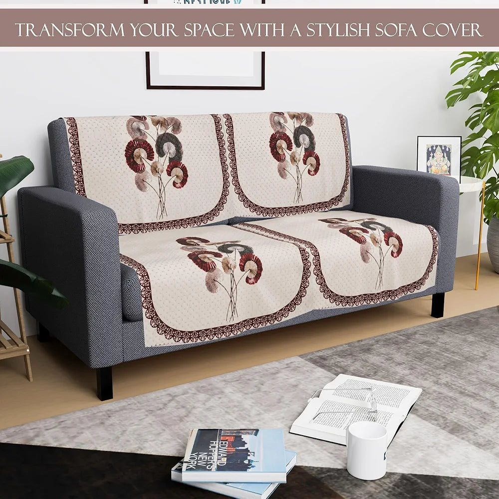 Kuber Industries Set of 4 Velvet 2 Seater Sofa Covers for Living Room | Easy Machine Washable Sofe ke cover for Home Comfort | Digital Flower-Cream & Brown