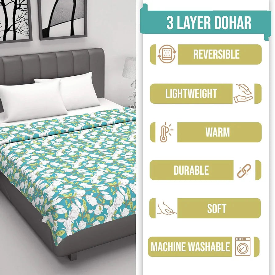Divine Casa Floret 100% Cotton Single Dohar | 120 GSM | Soft & Lightweight Throw Blanket | Cozy & Breathable Bedding | All-Season Comfort | 210 x 140 CM, Meadow Green