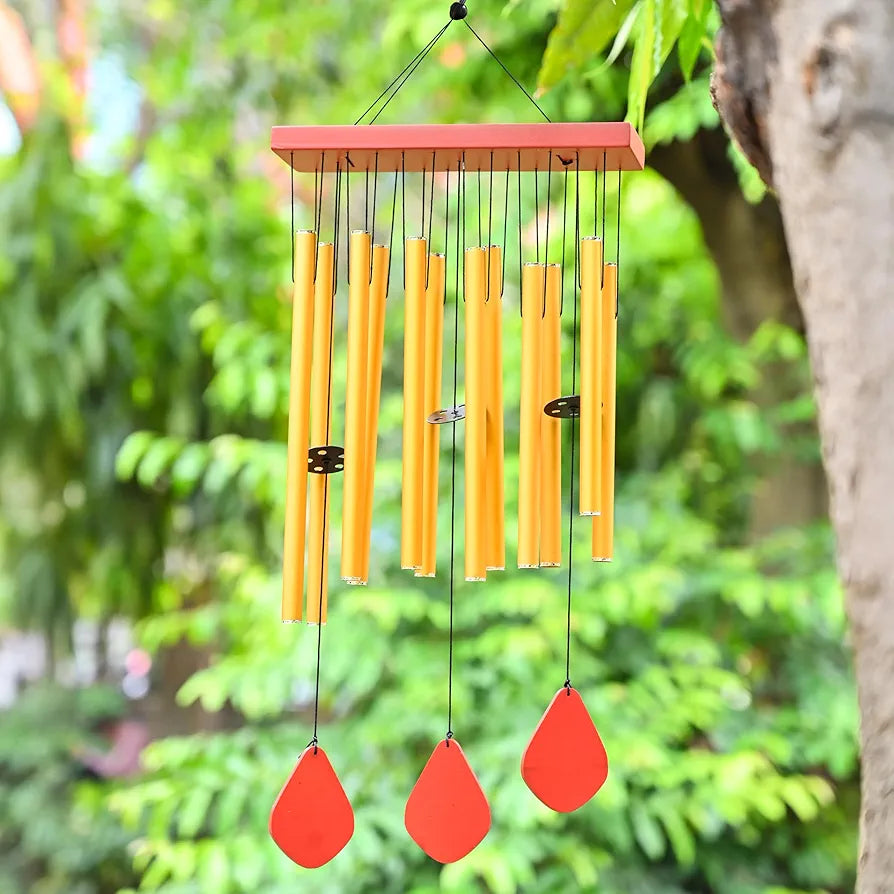 ZAICUS Wind Chimes for Home – Yellow Metal Pipes with Wooden Danglers | Home Decor Items for Balcony, Garden & Living Room