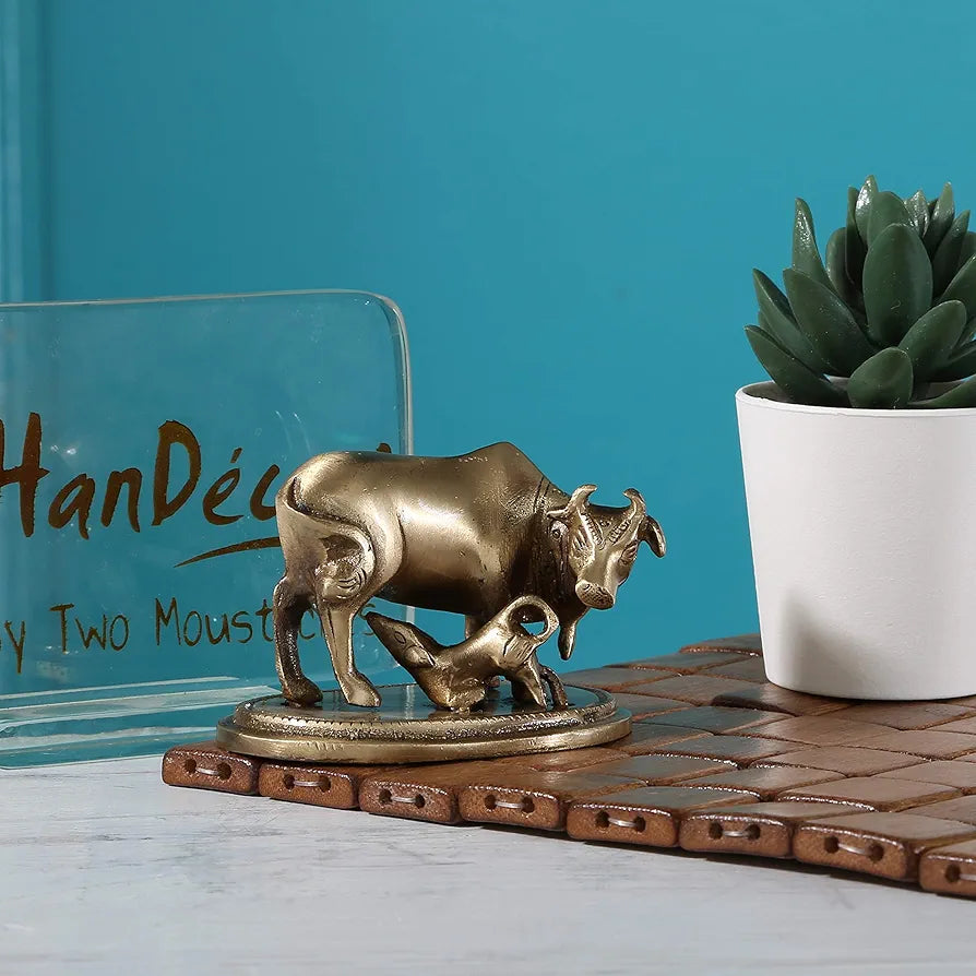 Two Moustaches Brass Kamdhenu Cow & Calf Showpiece, Handcrafted Brass Kamdhenu Statue, Brown, Standard, Pack of 1