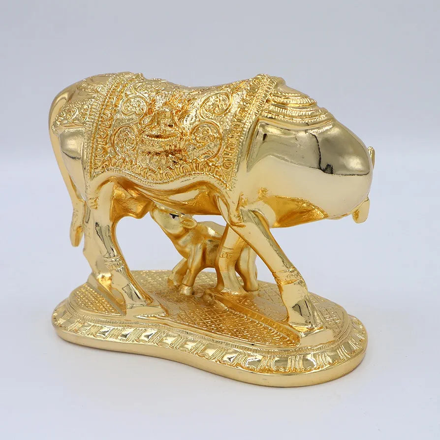 JAIPUR ACE Kamdhenu Cow with Calf Statue, Standard Size, Golden   