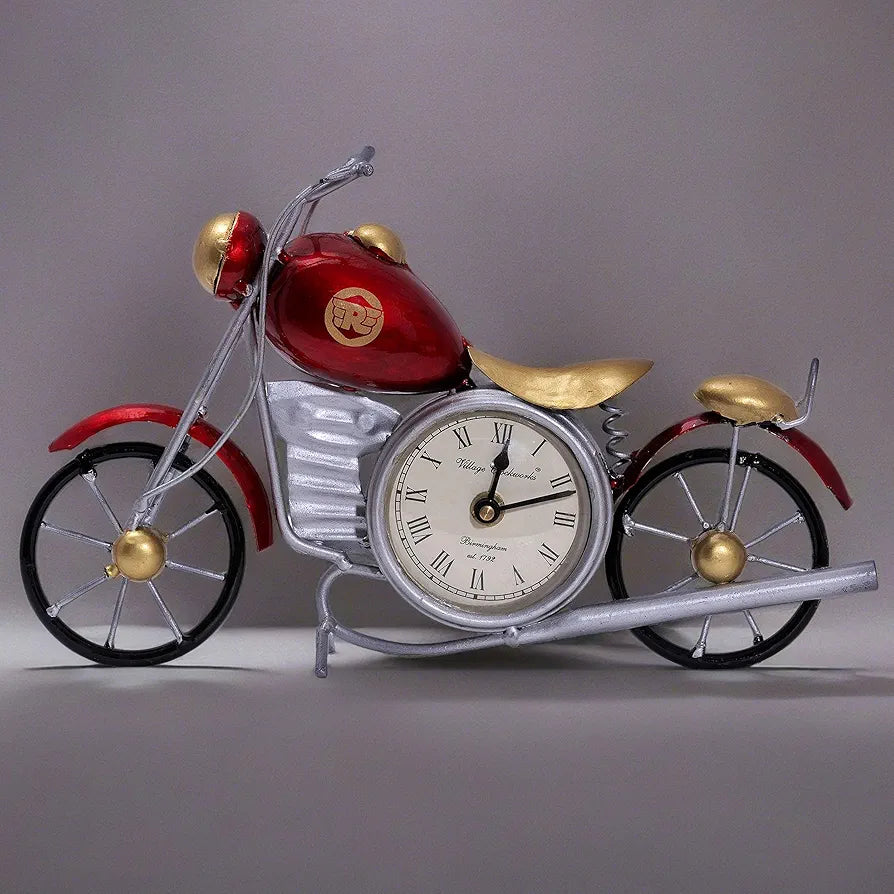 KRAFTSKALA Vintage Royal Bullet Motor Bike with Antique Clock | Rustic Iron Metal Decor Showpiece for Study Table, Desk, Office, Gifts 