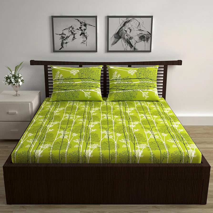 Divine Casa Double Size Bedsheet for Double Bed, 144 TC Pure Cotton Queen Size with 2 Pillow Covers | 222 by 254 cm | Floral | Green & White
