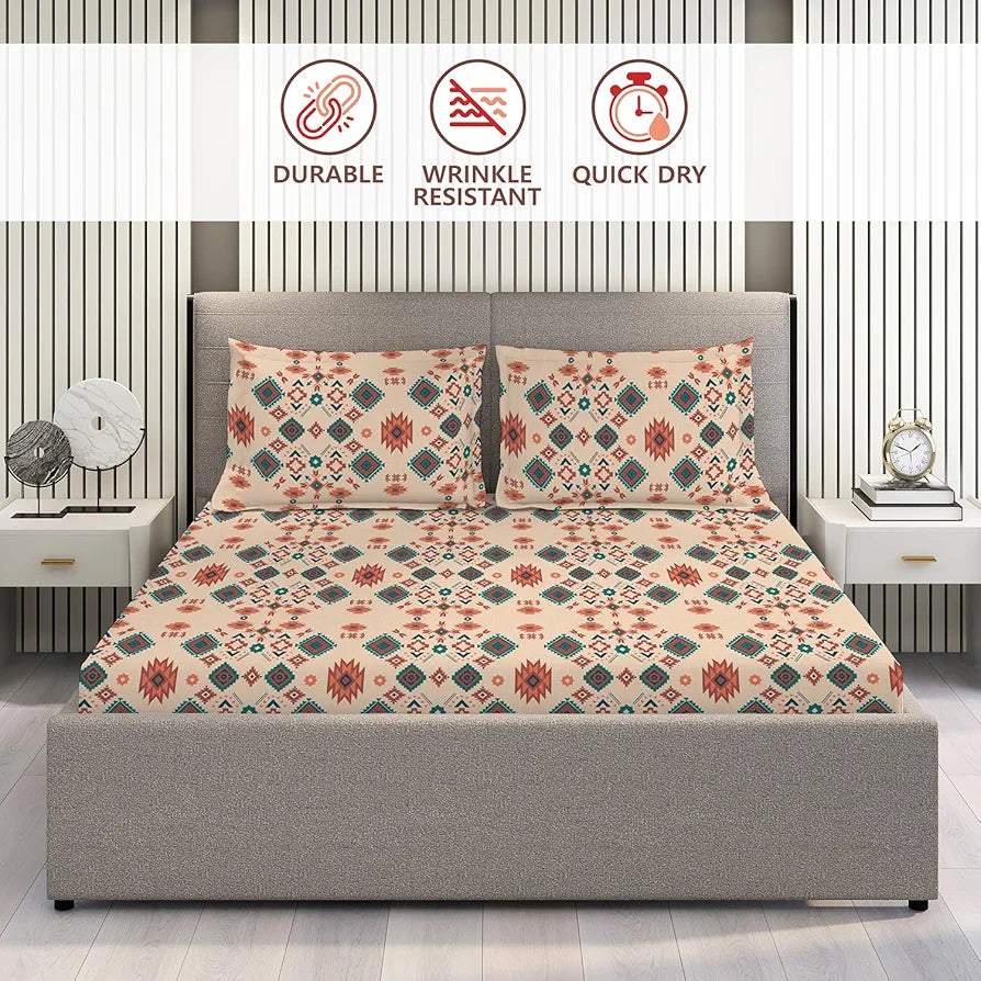 Layers Basicx 100% Cotton Bedsheet Set for All Seasons - Lightweight, Moisture Absorbent, Machine Washable & Easy to Care - Gift for Housewarming & More - 120 TC - Queen Size 