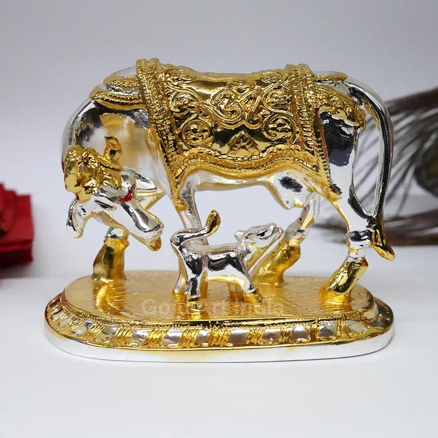Gold Art India Om Kamdhenu Cow with Calf for Gold & Silver Plated | Home Decor | Gaay Bachda Cow and Calf for Vastu | Positive Energy | Wealth |