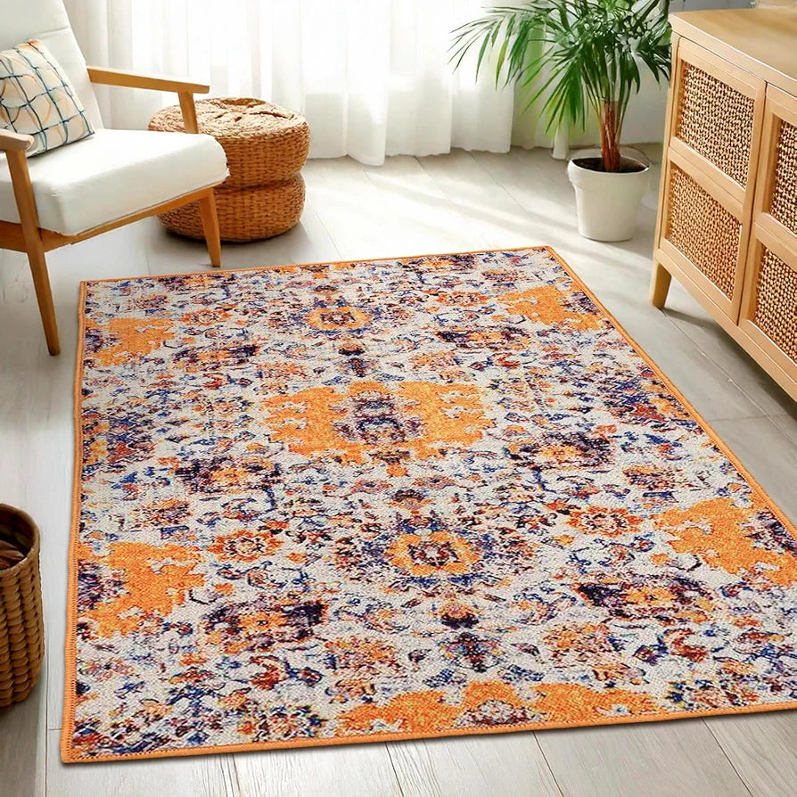 Status Contract Polyester Printed Vintage Persian Carpet Rug Runner with Anti Slip Backing, 5 x 7 Feet, Multicolour