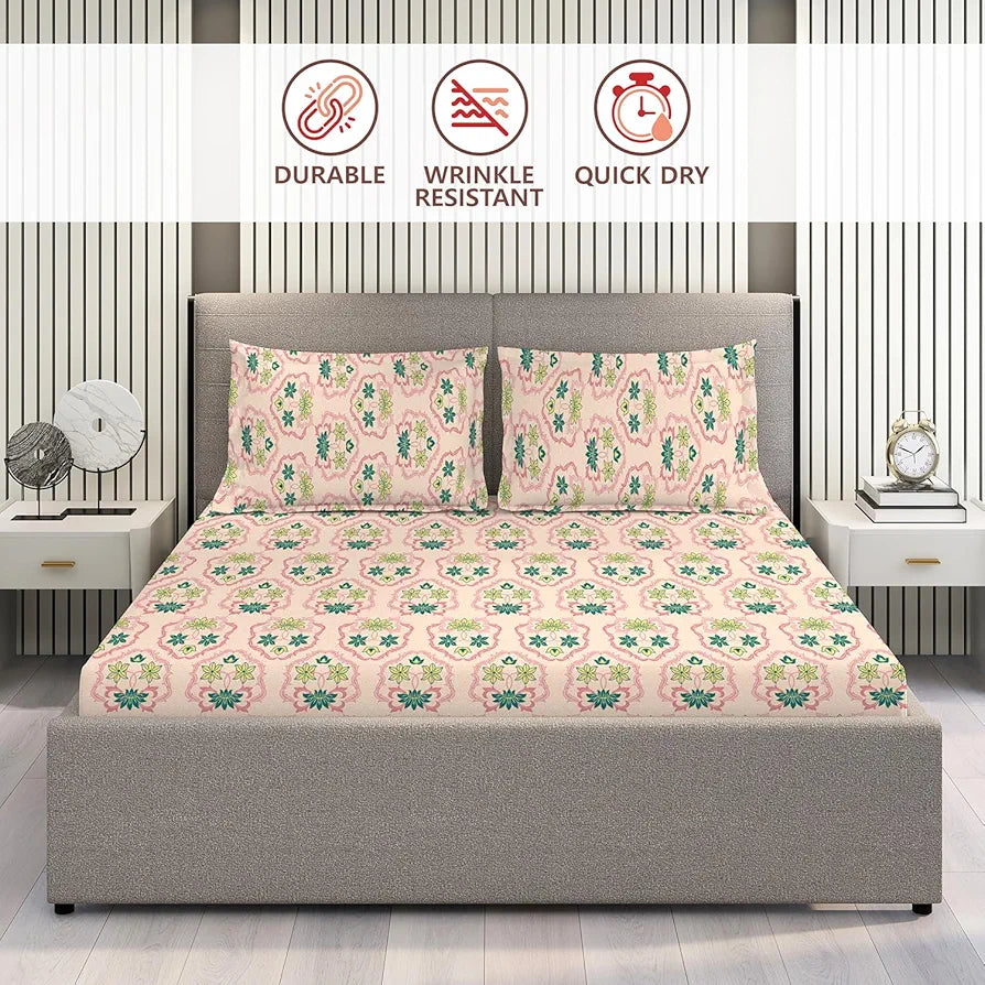 Layers Basicx 100% Cotton Bedsheet Set for All Seasons - Lightweight, Moisture Absorbent, Machine Washable & Easy to Care - Gift for Housewarming & More - 120 TC - Queen Size 