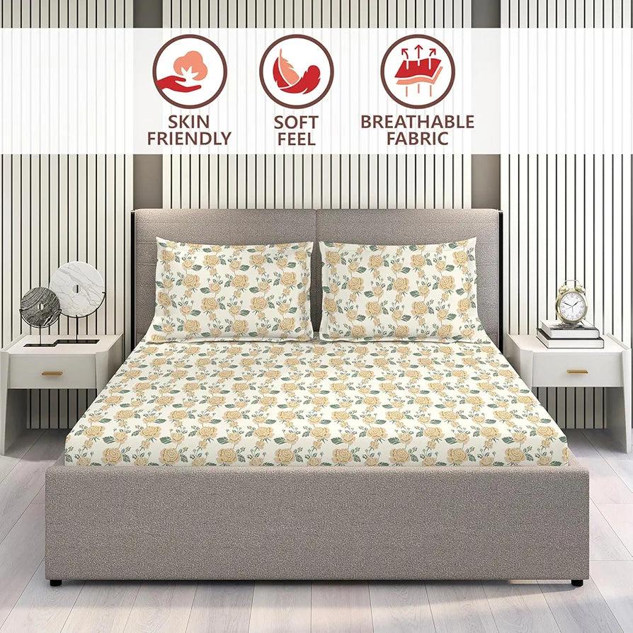 Layers Marigold 100% Cotton Bedsheet Set for All Seasons - Lightweight, Moisture Absorbent, Machine Washable & Easy to Care - Gift for Housewarming & More - 144 TC - King Size 