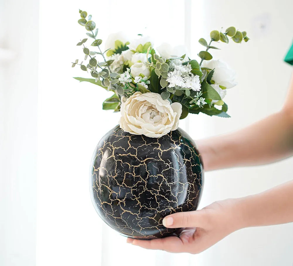 BEHOMA Metal Ball Vase for Home Decor|Flower Pot for Bedroom Living Room Office Wedding|Flowers Arrangement for Birthday Anniversary Festival|Black Crackled Medium 