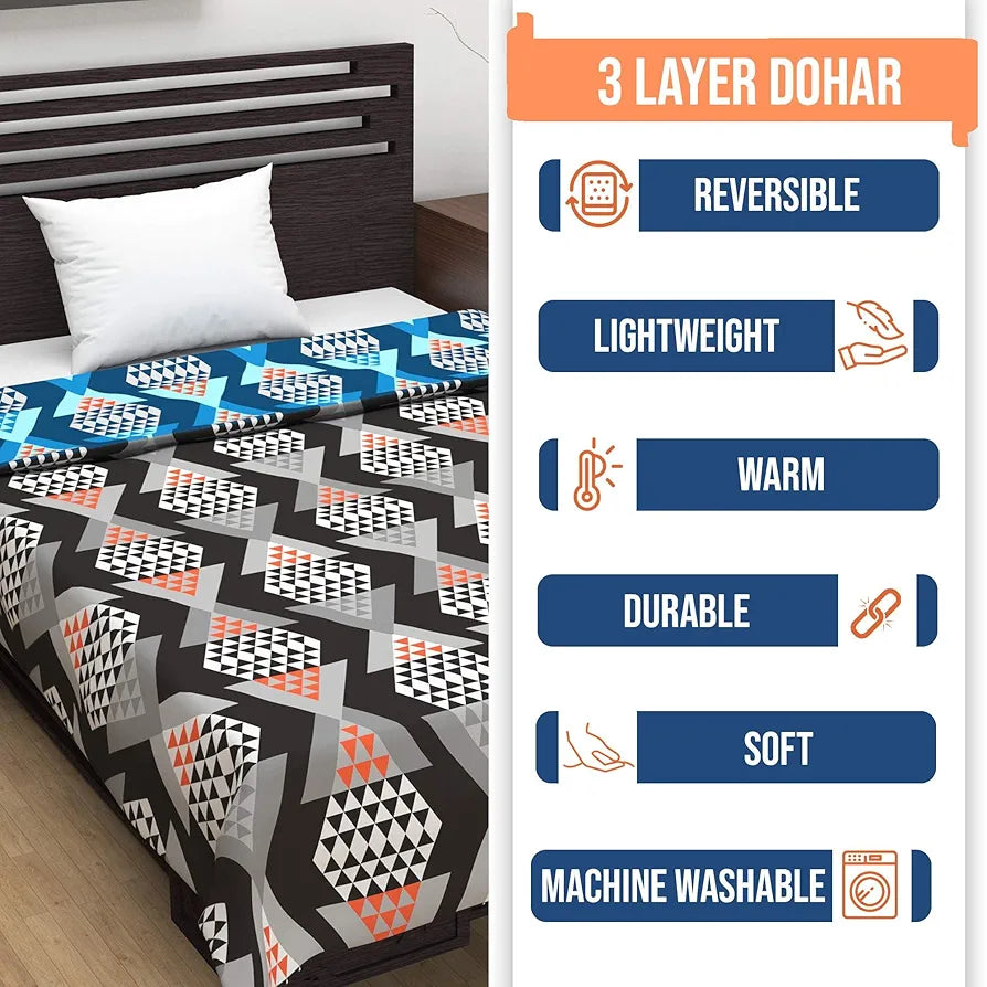 Divine Casa 120 GSM Microfiber Single Kids Dohar  | Soft & Lightweight Throw Blanket | Cozy & Breathable | All-Season Comfort | 140 x 100 CM | Geometric Pattern | Blue and Grey