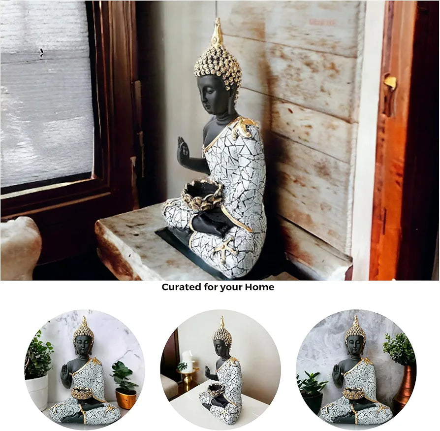 NEELAYA Meditating Buddha Statue with Tealight Holder Polyresin Showpiece for Home Decor Living Room Office Table Vastu Gift Housewarming 28 cm Black Grey