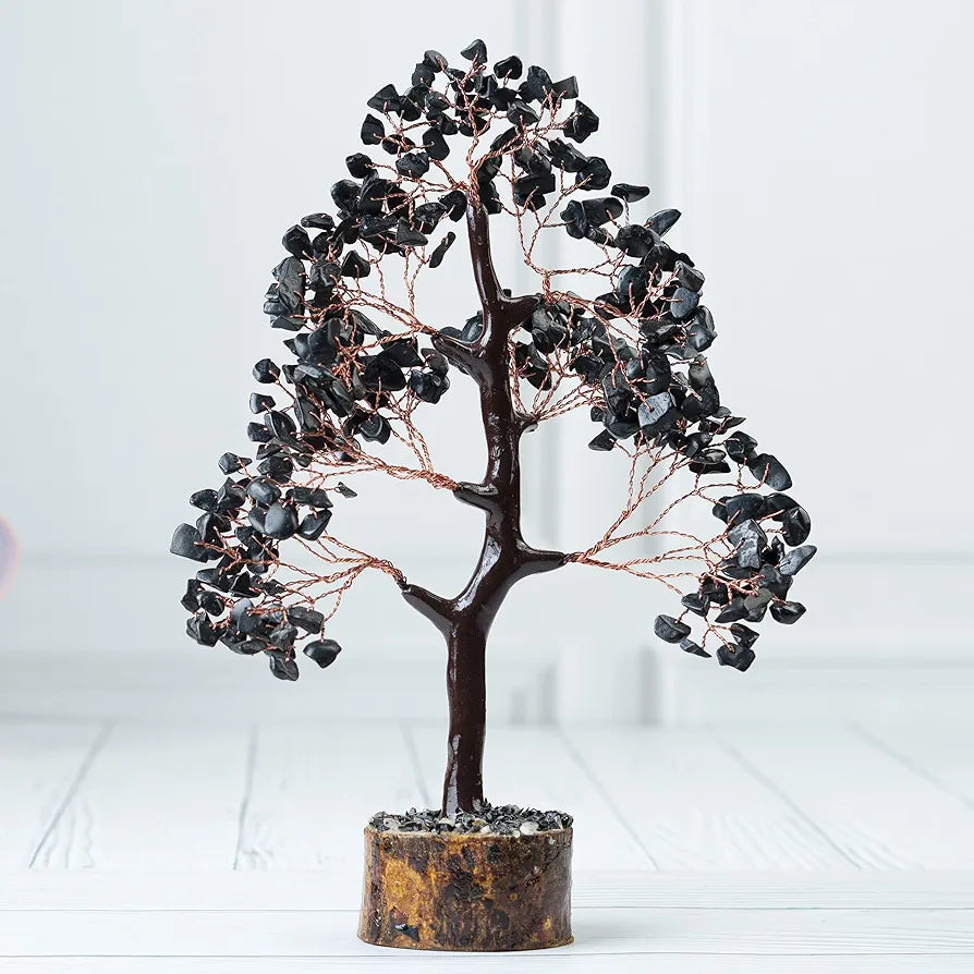 HindCraft Black Tourmaline Crystal Tree Good Luck Showpiece for Home Decor Items Crystals Gemstones Bonsai Money Tree for Good Luck, Decoration Gift Item, Copper Wire, 10-12 inch