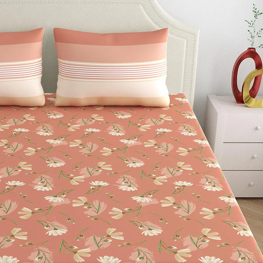 Dreamscape 100% Cotton Double Bedsheet for Double Bed, 140 TC, 1 Bed Sheet  with 2 Pillow Covers, Brown