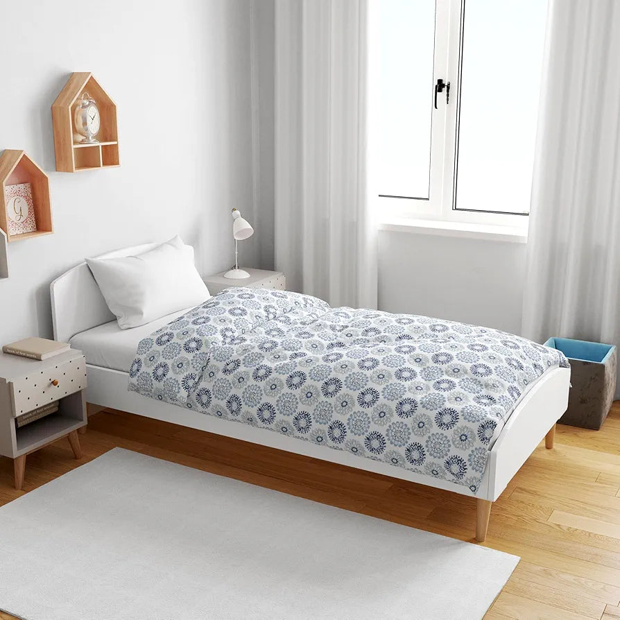 Divine Casa Floret 100% Cotton Single Kids Dohar | 120 GSM | Soft & Lightweight Throw Blanket | Cozy & Breathable Bedding | All-Season Comfort | 140 x 100 CM, Blue Beige