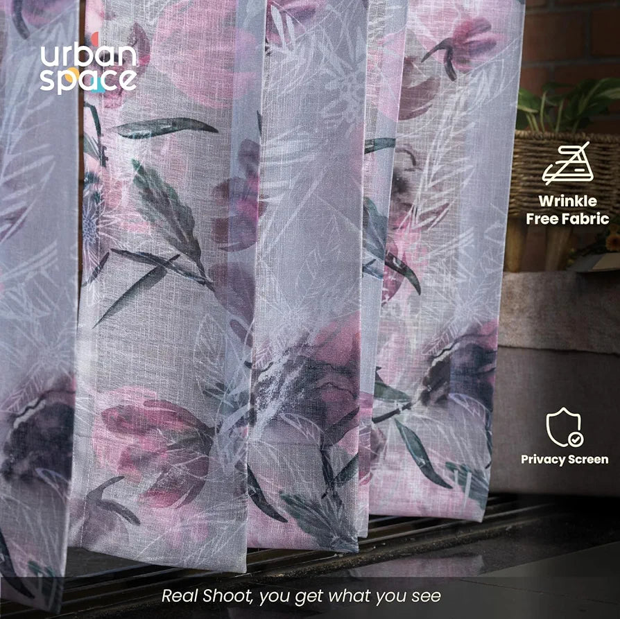 Urban Space Printed Sheer Curtains for Long Door 8 feet, 35-40% Light Filtering Textured Decorative Curtains with Eyelets and TieBack for Living Room, Set of 2 Sheer Curtains 