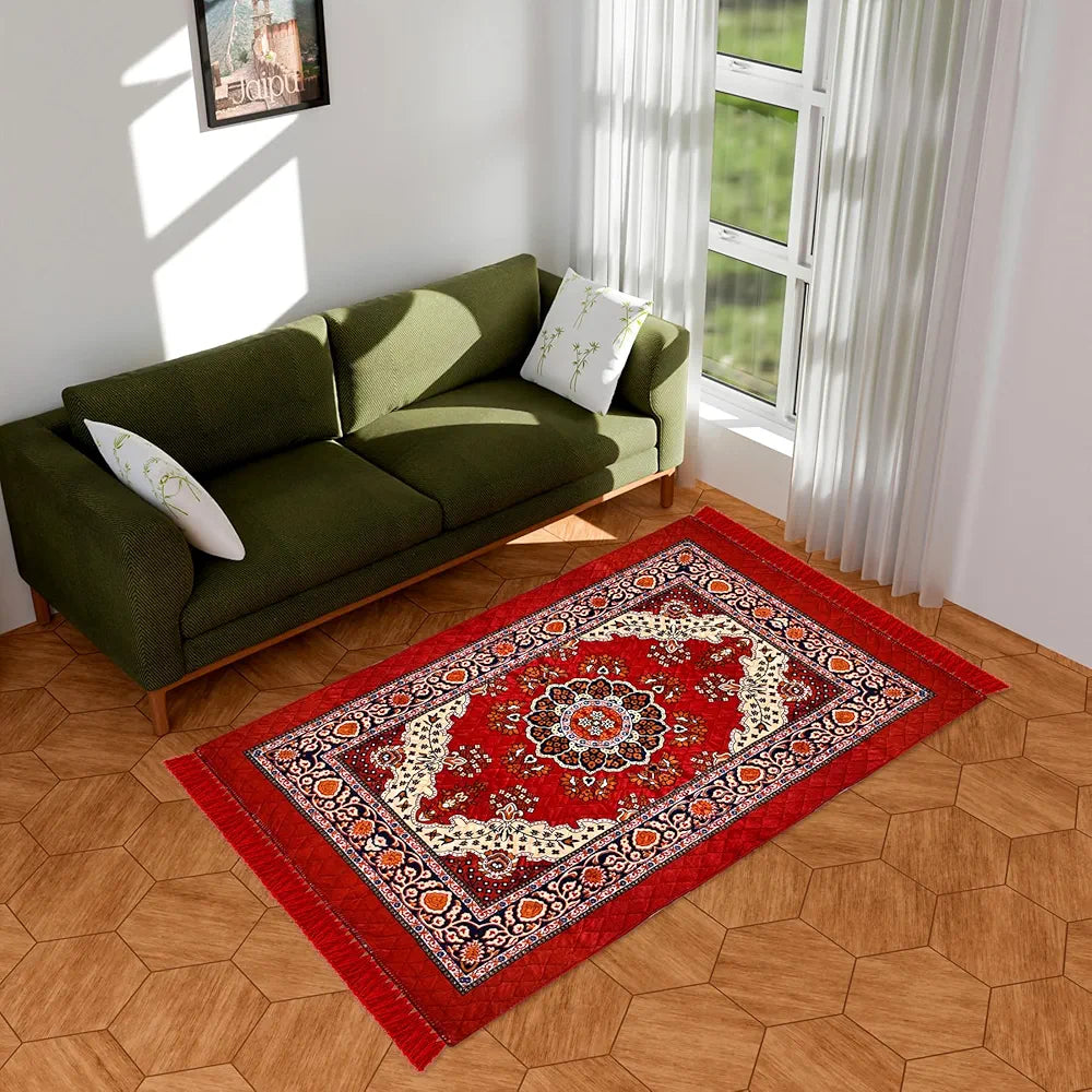 Kuber Industries Carpet | Velvet Carpet-Rug for Home Décor | Carpet Rug for Bedroom | Carpet for Living Room | Prayer-Yoga Mat | Carpet for Hall | 4x6 Ft | Red