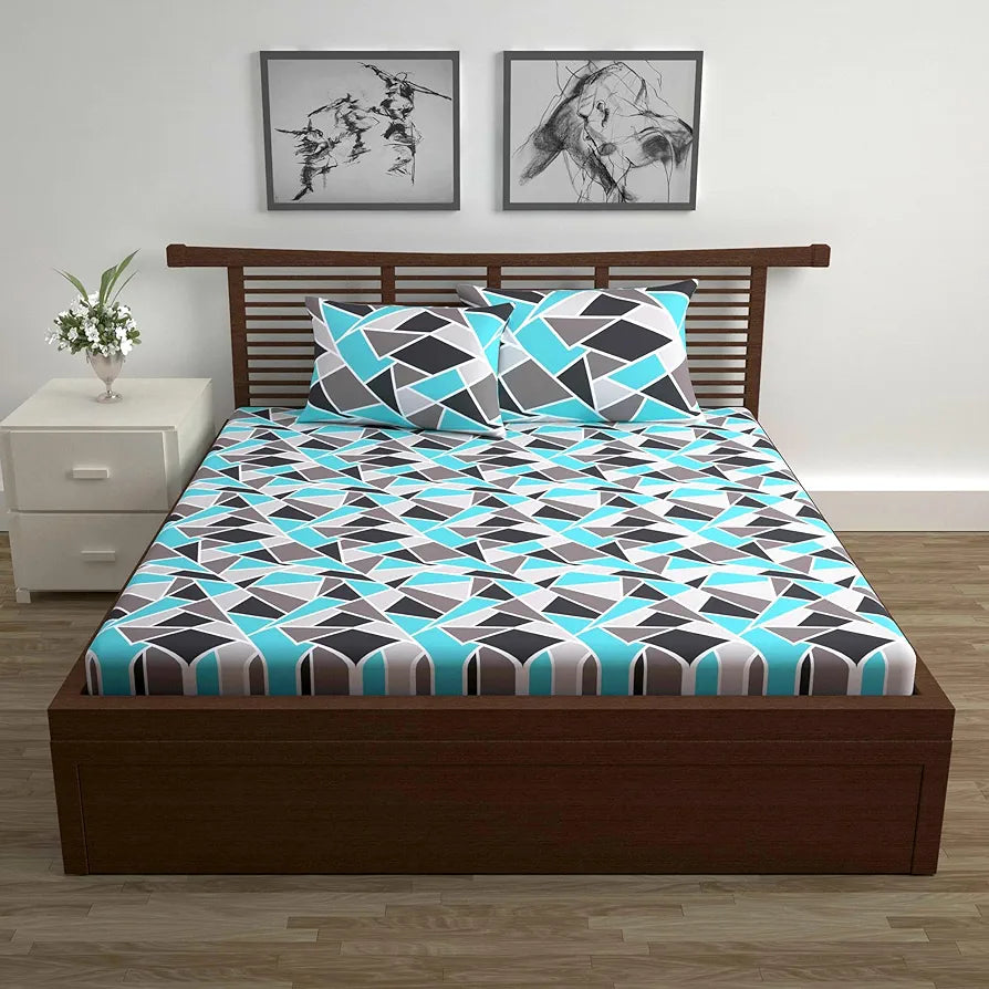 Divine Casa Double Size Bedsheet for Double Bed, 144 TC Pure Cotton Queen Size with 2 Pillow Covers | 222 by 254 cm | Geometric | Aqua Grey