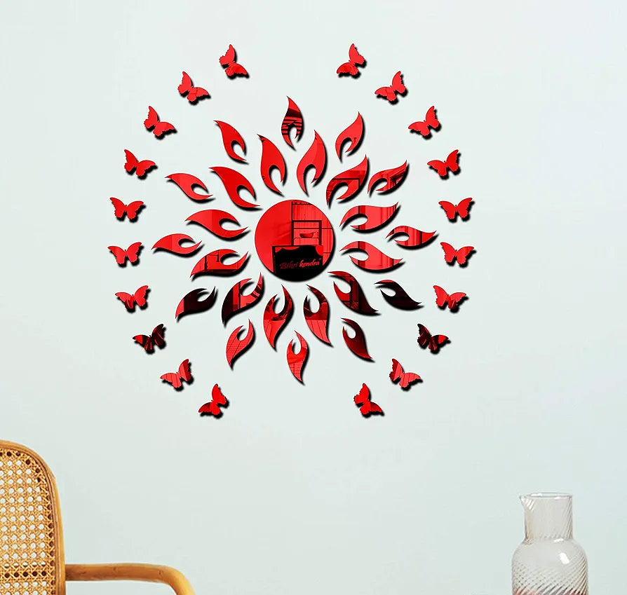 Bikri Kendra Sun red with 20 red Butterfly Wall Mirror Stickers 3D Acrylic Sticker