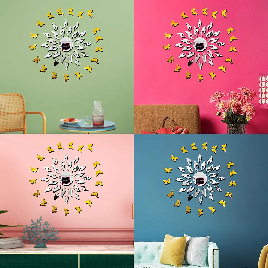 Bikri Kendra - Art BK1OLK Sun Silver with 20 Butterfly Golden - 3D Acrylic Mirror Wall Sticker