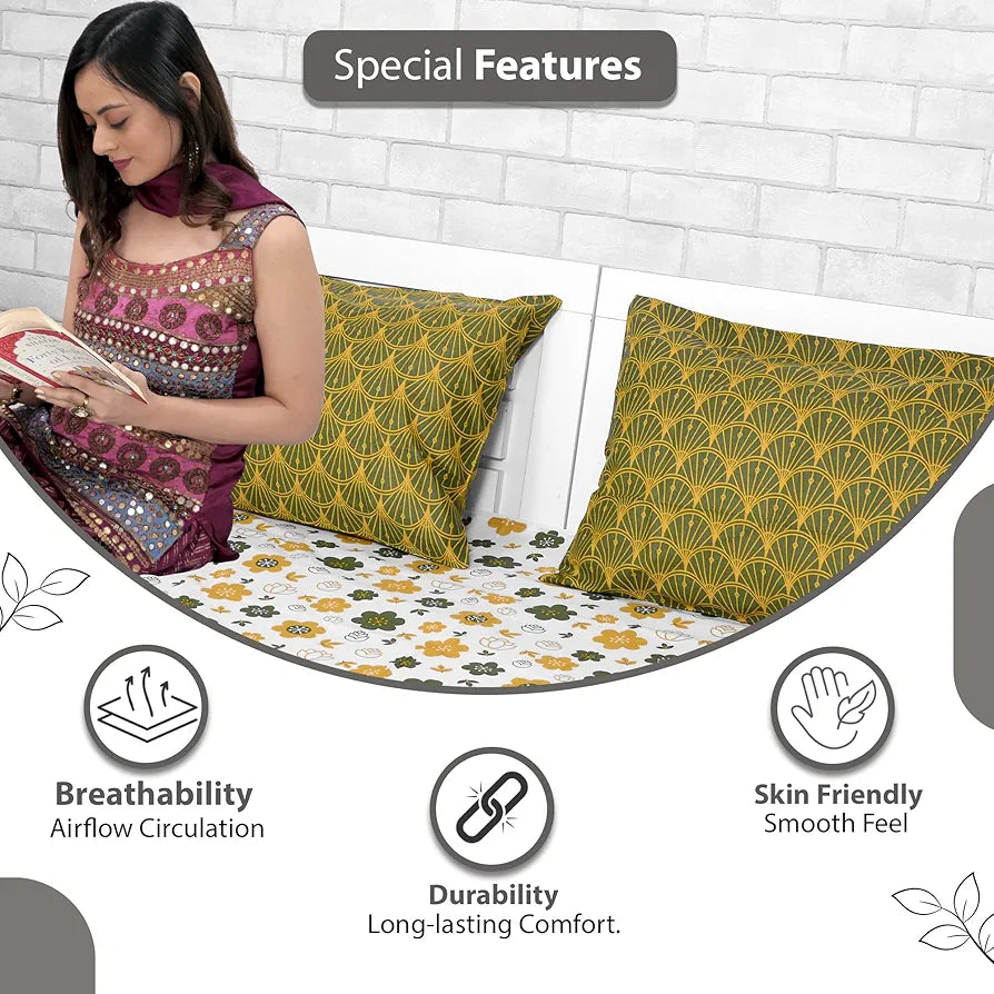 Divine Casa Double Size Bedsheet for Double Bed, 144 TC Pure Cotton Queen Size with 2 Pillow Covers | 222 by 254 cm | Floral | Mustard Green