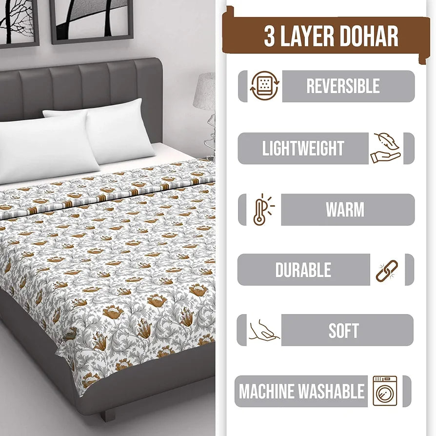 Divine Casa Floret 100% Cotton Double Dohar | 120 GSM | Soft & Lightweight Throw Blanket | Reversible Design | Cozy & Breathable Bedding | All-Season Comfort | 220 x 205 CM, Toffee Grey