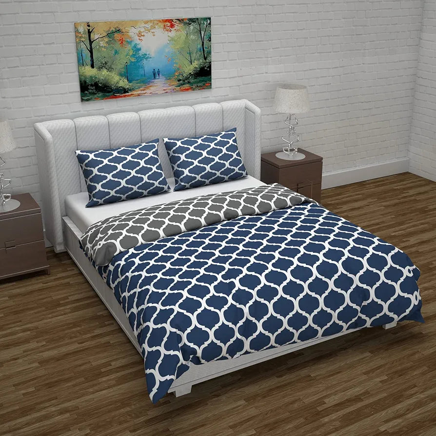Divine Casa Micro Polyester Reversible Double Bed Queen Size Abstract Printed Duvet Cover, Dark Blue & Grey