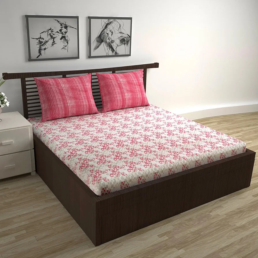 Divine Casa 144 TC 100% Pure Cotton Queen Size Double Bed Bedsheet with 2 Pillow Covers | Soft, Durable & All-Weather Comfortable Easy Care Sheet | Size 222 x 254 CM | Geometric Pixel | Red White
