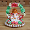 Ecraftindia Lord Ganesha Idol on Decorative Handcrafted Plate With Throne of Pink and Green Flowers