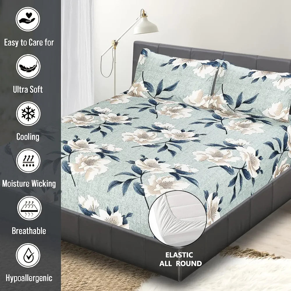 FRESH FROM LOOM Elastic Fitted Floral Bed Sheets|Hypoallergenic Soft Glace Cotton Fitted Bedsheet King Size Bed With Two Pillow Cover|Bed Covers For Mattresses Tuck In,144 TC