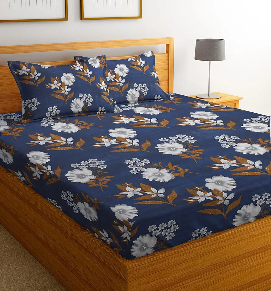 HOMEKART 100% Microfiber bedsheet for Double Bed with 2 Pillow Covers Breathable | Wrinklefree and Soft Touch 144 TC Pattren Floral Blue and White| TC - 144