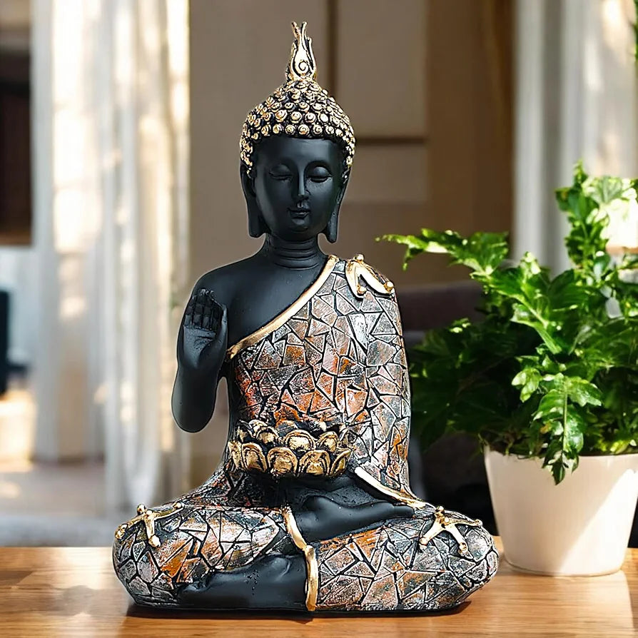 NEELAYA Meditating Buddha Tealight Holder Polyresin Statue for Home Decor Living Room Office Table Vastu Spiritual Gift Housewarming 28 cm Black Brown